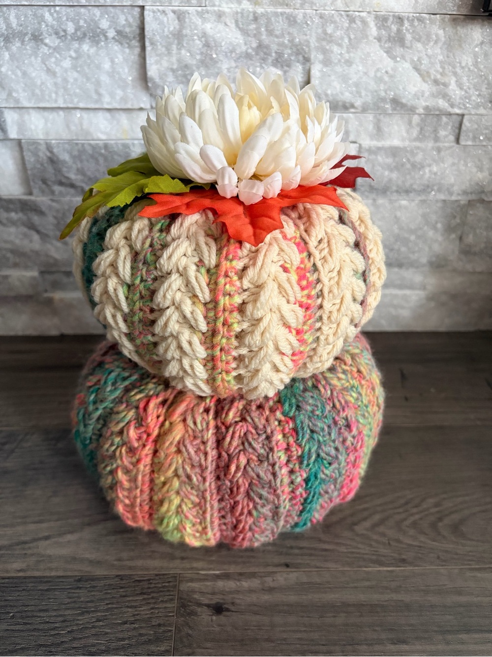 Handmade Knit Pumpkin Stack with White Flower - Home Art